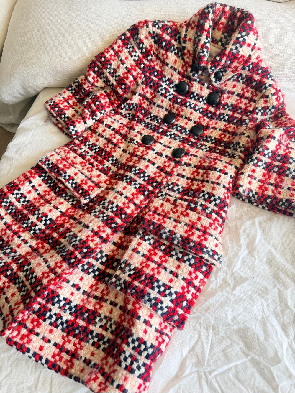 Jazmín Chebar - Womens Red Plaid Tweed Double-Breasted Trench Coat